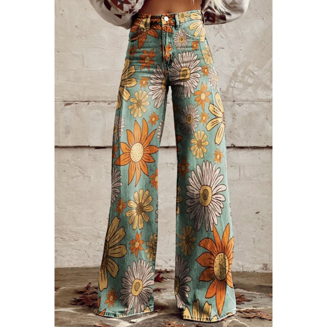 Women’s Wide-Leg Pants - Breathable Blend - Full Length - Relaxed Fit Floral Print