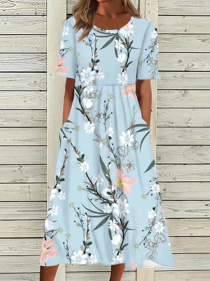 Women’s Midi Dress – Breathable Blend – Relaxed Fit – Short Sleeve Floral Pattern