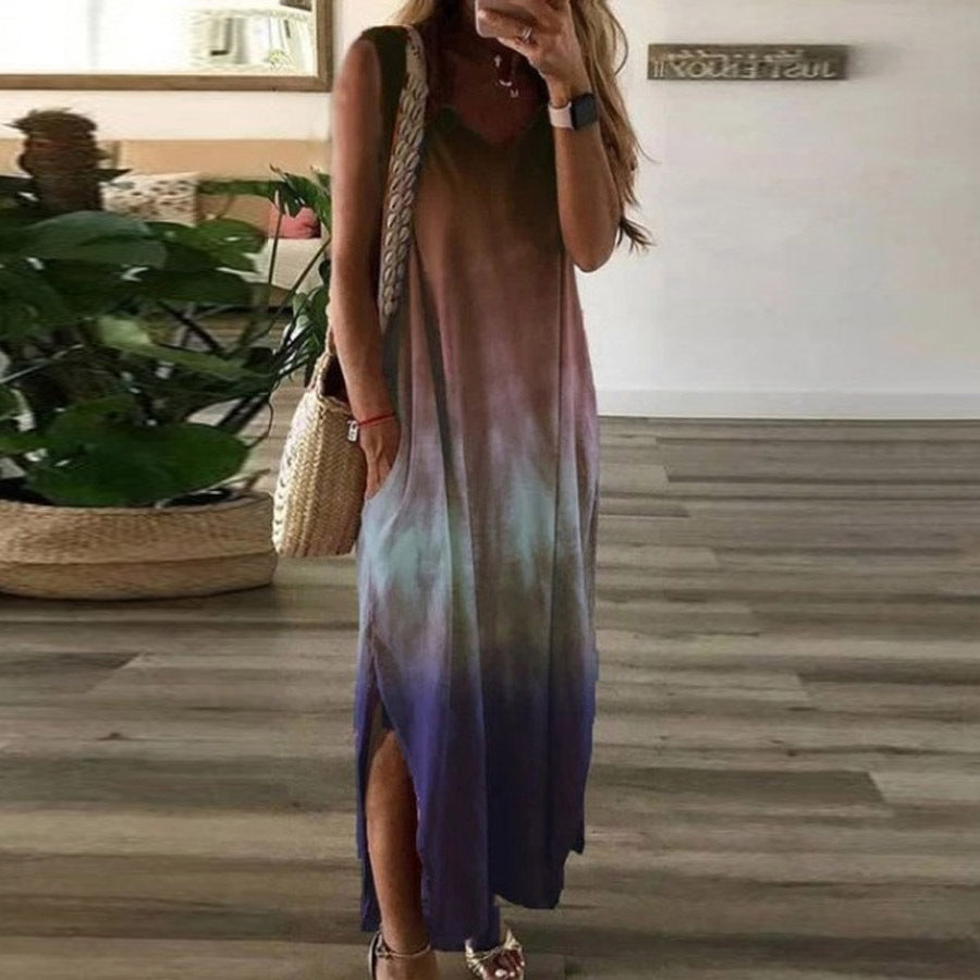 Women’s Maxi Dress – Sleeveless – High Slit – Gradient Design – Relaxed Fit – Cotton Blend