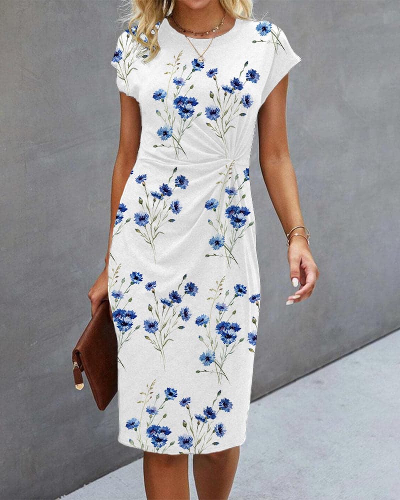 Women’s Midi Dress – Semi-Fitted Silhouette – Short Sleeve – Breathable Blend – Floral Print