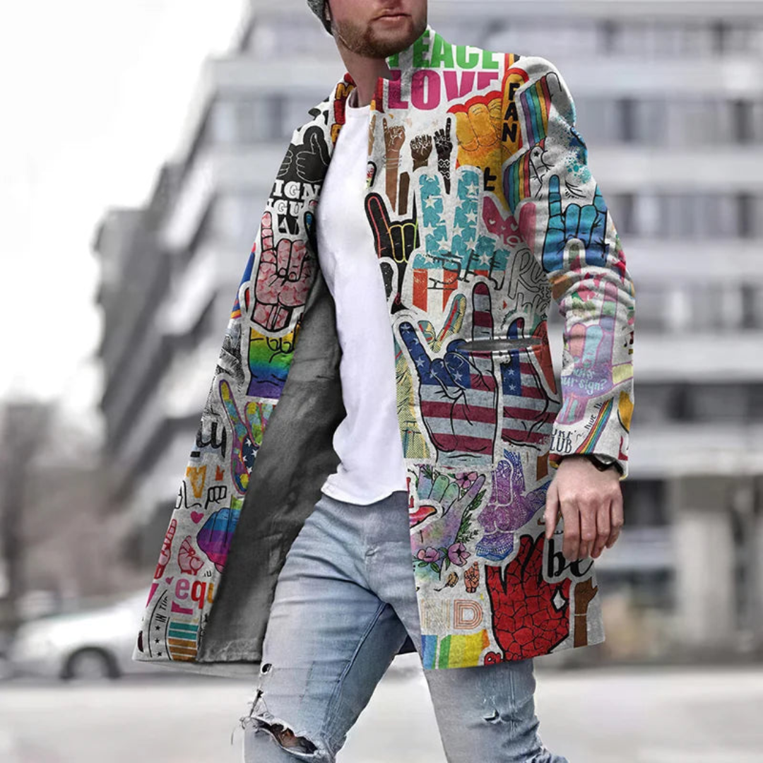 Men’s Long Coat – Tailored Fit – Open Front – Graphic Print