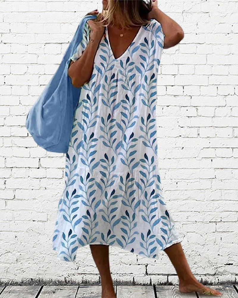 Women’s Midi Dress – V-Neck – Relaxed Fit – Short Sleeve – Leaf Print – Breathable Blend