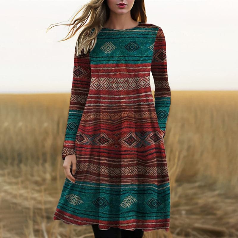 Women’s Midi Dress - Boho Pattern - A-Line Fit - Long Sleeve - Cotton Blend