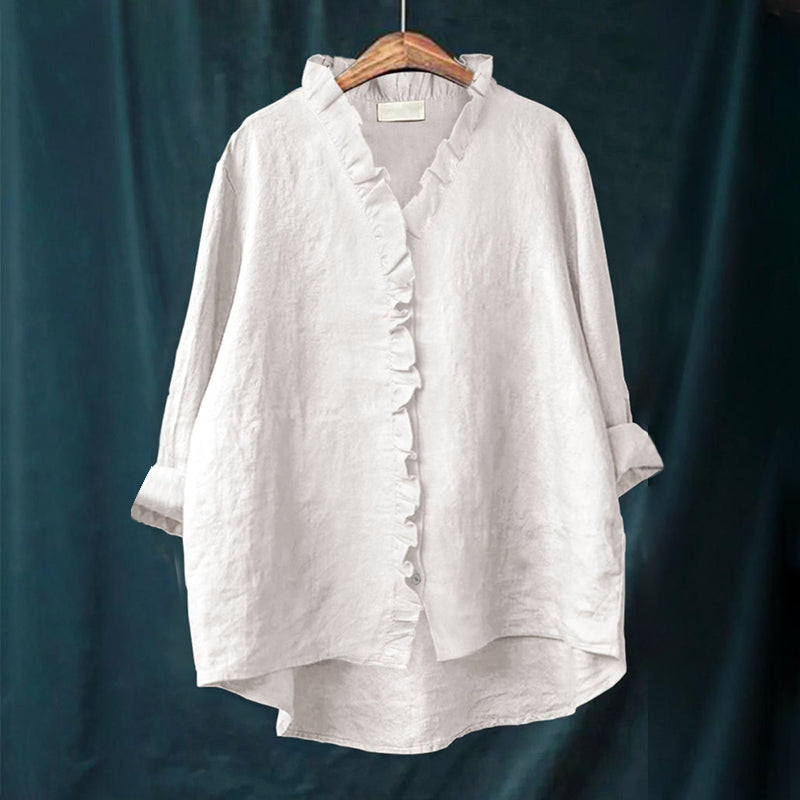 Women’s Blouse – Oversized Fit – Ruffle Trim – Long Sleeve – Natural Fibers
