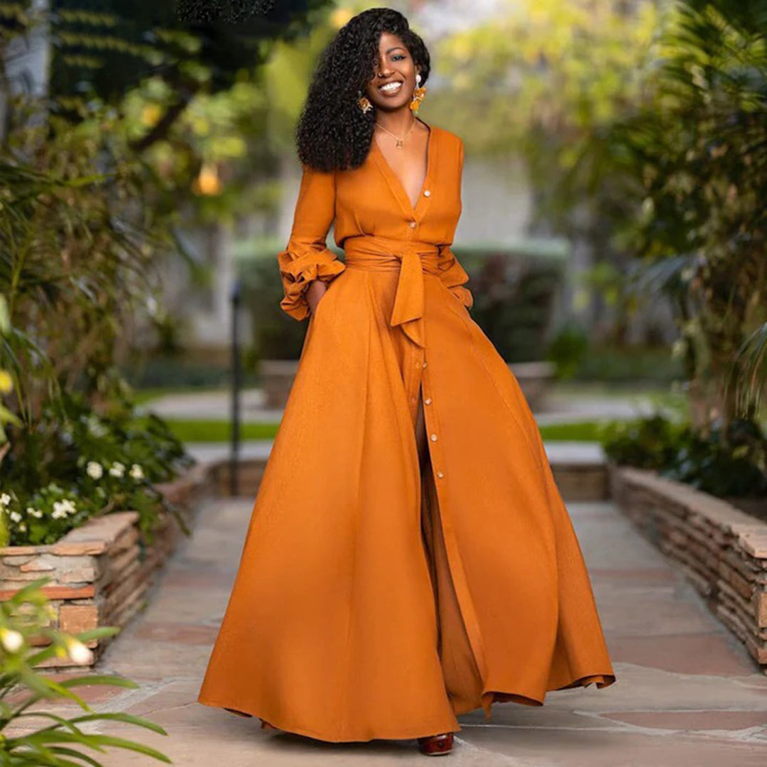 Women’s Maxi Dress – Flowing A-Line Fit – Ruffled Sleeves – V-Neck – Natural Fibers