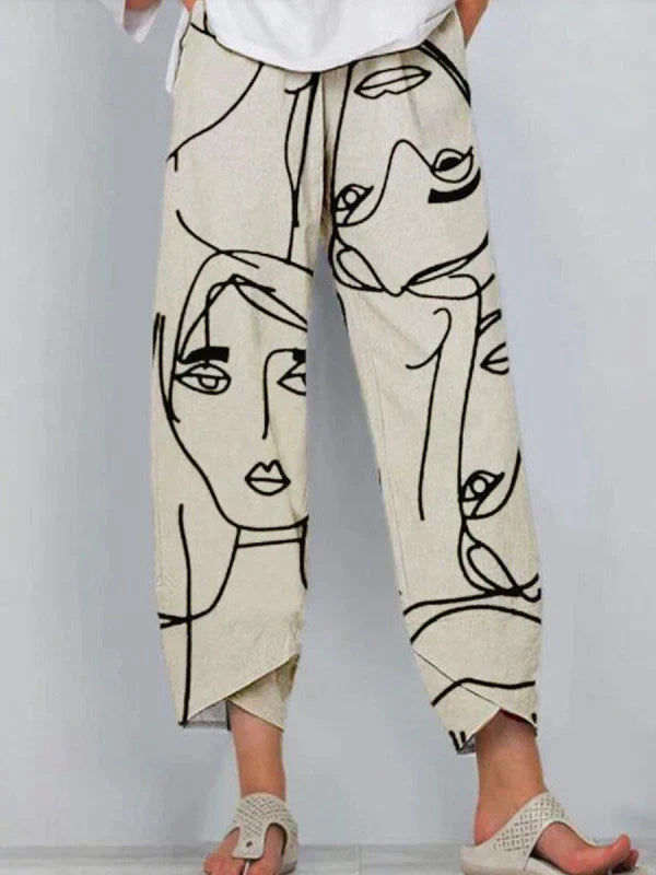 Women’s Wide-Leg Pants – Relaxed Fit – Cotton – Artistic Abstract Print