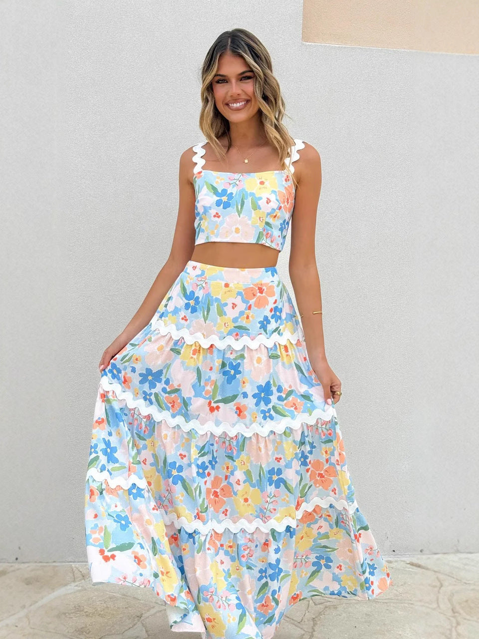 Women’s Two-Piece Set - Floral Crop Top with Square Neck - Tiered Maxi Skirt Flowy Fit