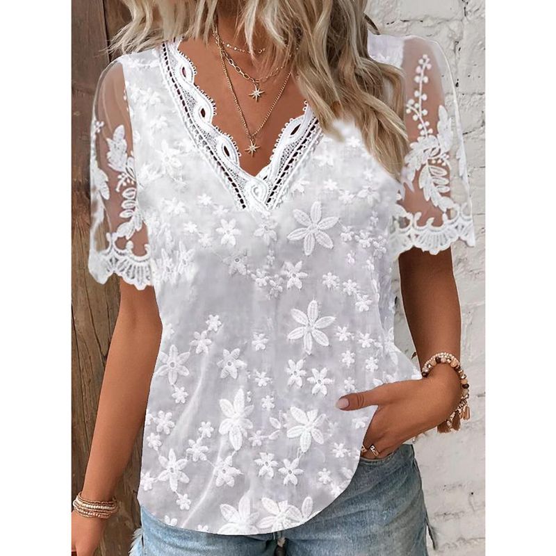 Women’s Blouse – Relaxed Fit – Sheer Sleeves – Embroidered Floral V-Neck – Lightweight Fabric