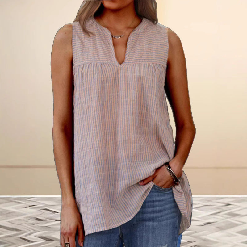 Women’s Tunic Top – Sleeveless Relaxed Fit – Striped – Natural Fibers – V-Neck Comfort