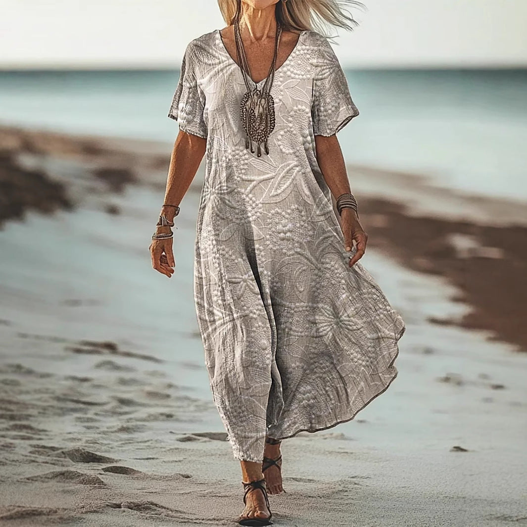Women’s Mid-Length Dress - A-Line Fit - V-Neck - Short Sleeve - Breathable Blend