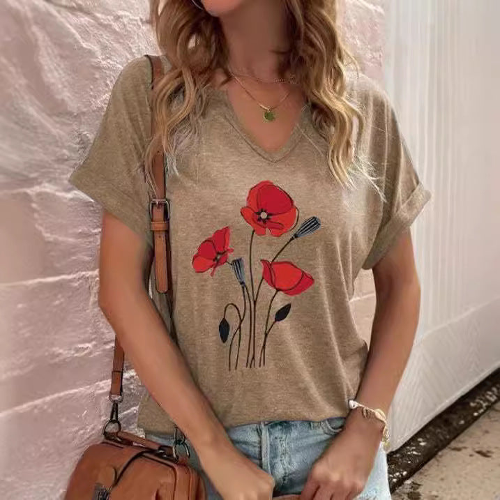 Women’s T-Shirt - Relaxed Fit - V-Neck - Short Sleeve - Floral Print - Breathable Blend