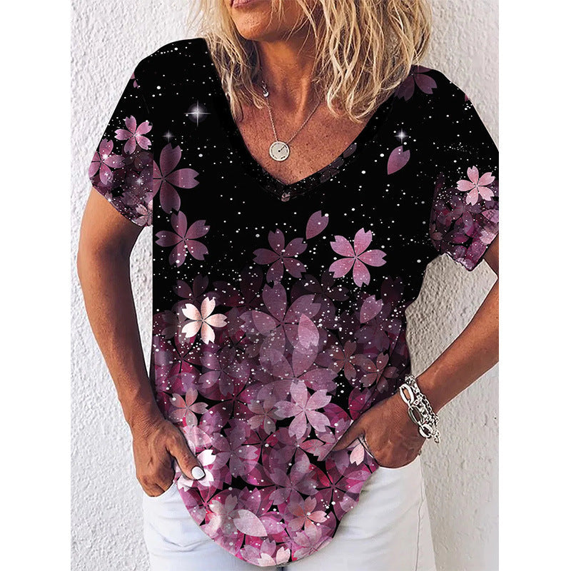 Women’s V-Neck T-Shirt – Floral Print – Regular Fit – Soft Breathable Blend – Short Sleeve