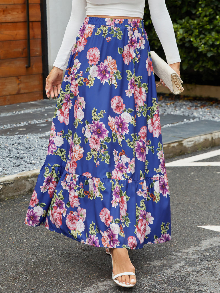 Women’s Maxi Skirt – Flowy Fit – Ruffled Hem – Elastic Waist – Breathable Blend