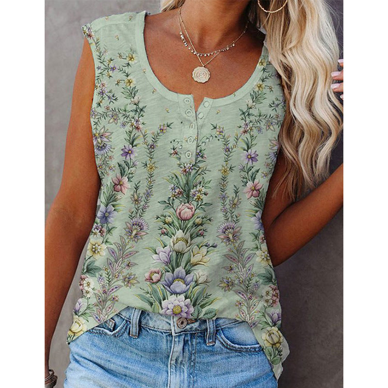 Women’s Sleeveless Top – Relaxed Fit – Button Front – Soft Natural Fibers – Floral Print