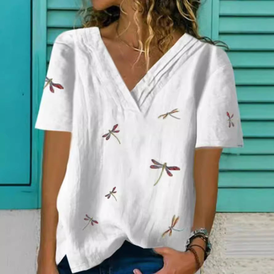 Women’s V-Neck Blouse – Relaxed Fit – Embroidered Detail – Breathable Blend – Short Sleeve