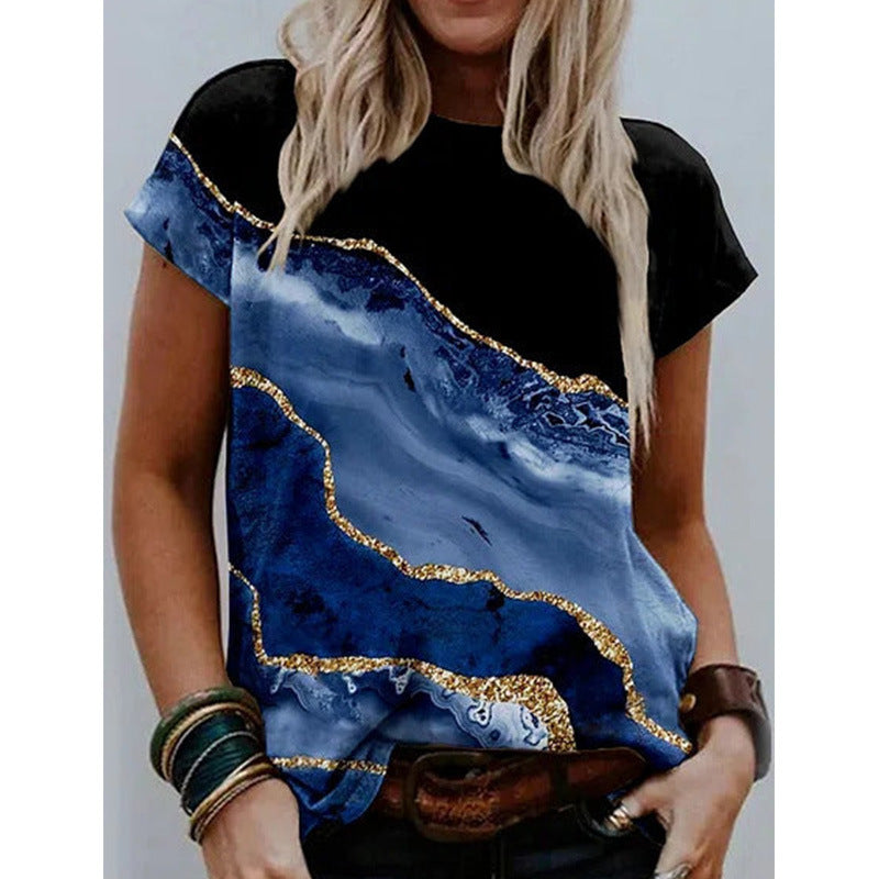 Women’s Short Sleeve Top – Relaxed Fit – Artistic Print – Natural Fibers – Casual Wear