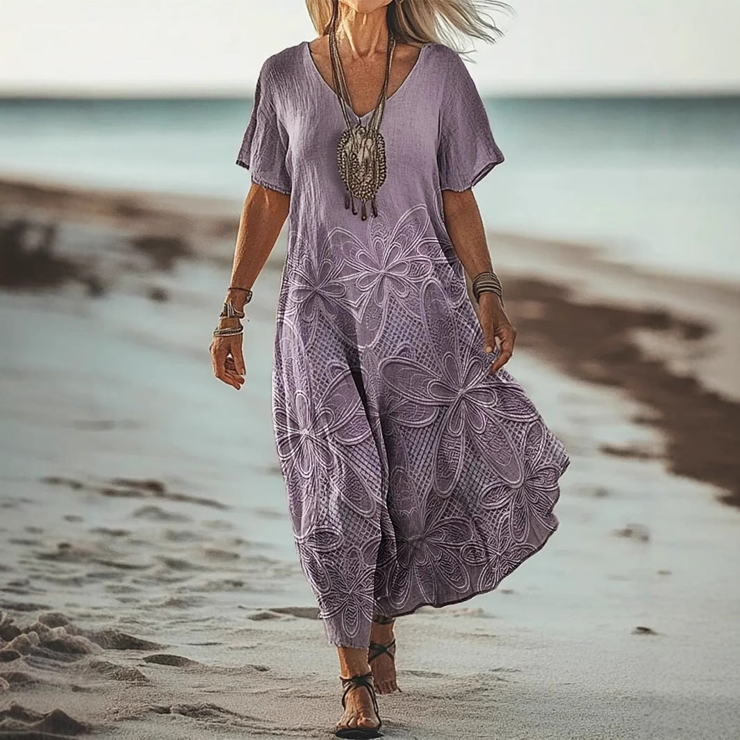 Women’s Midi Dress - Relaxed Fit - V Neck - Short Sleeve - Artistic Floral Print