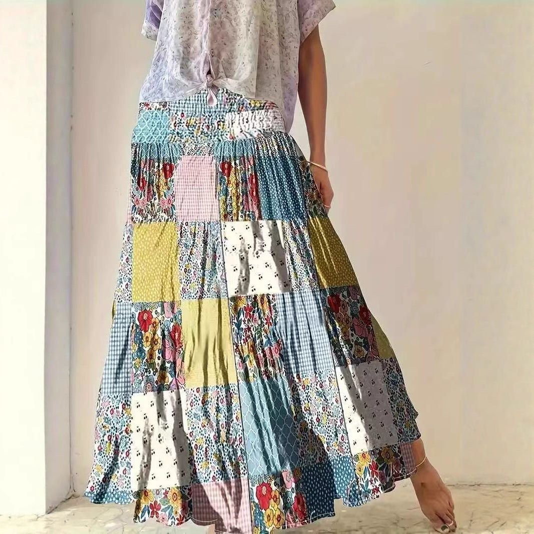Women’s Maxi Skirt – Patchwork Design – Elastic Waist – Flowy Cotton – Boho Fit