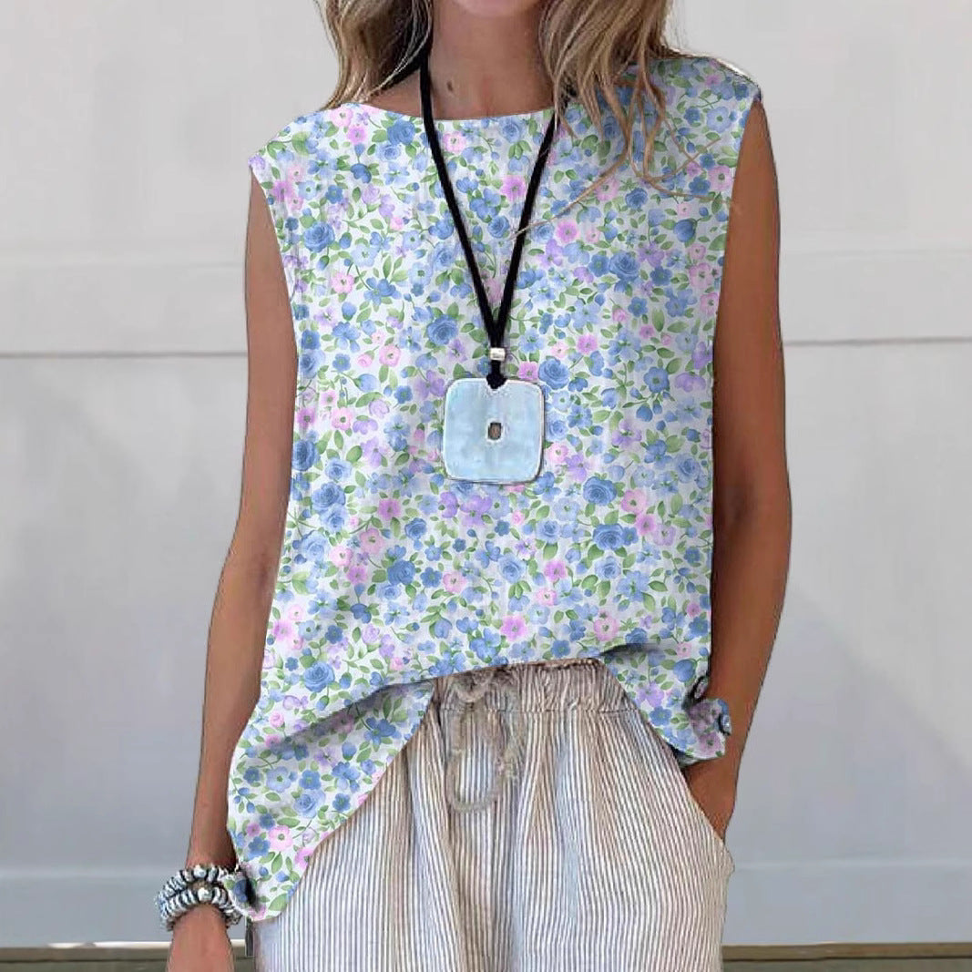 Women’s Sleeveless Top – Relaxed Fit – Soft Breathable Blend – Floral Print – Round Neck