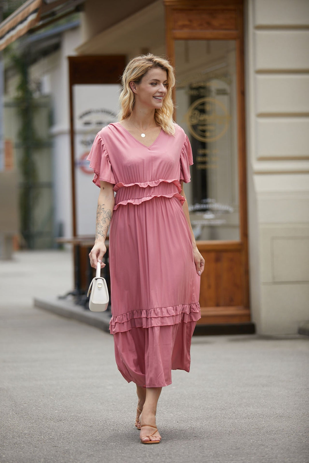 Women’s Maxi Dress – Flowing Fit – Ruffled Tiers – Flutter Sleeves – V-Neckline