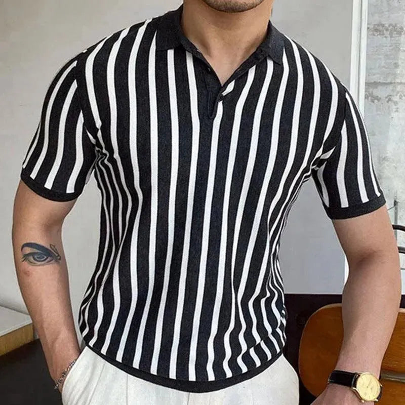 Men’s Polo Shirt – Slim Fit – Vertical Stripes – Short Sleeve – Breathable Blend
