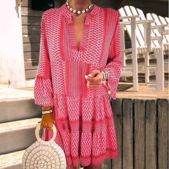 Women’s A-Line Dress - V-Neck - Long Sleeve - Tiered Hem - Breathable Blend - Casual Fit