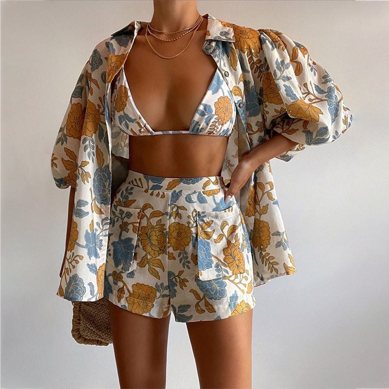 Women’s 3-Piece Set - Relaxed Fit Shirt - Triangle Bralette - High Waist Shorts