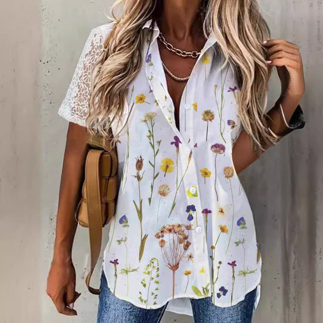 Women’s Blouse – Relaxed Fit – Lace Sleeve – Floral Print – Button Front – Breathable Blend