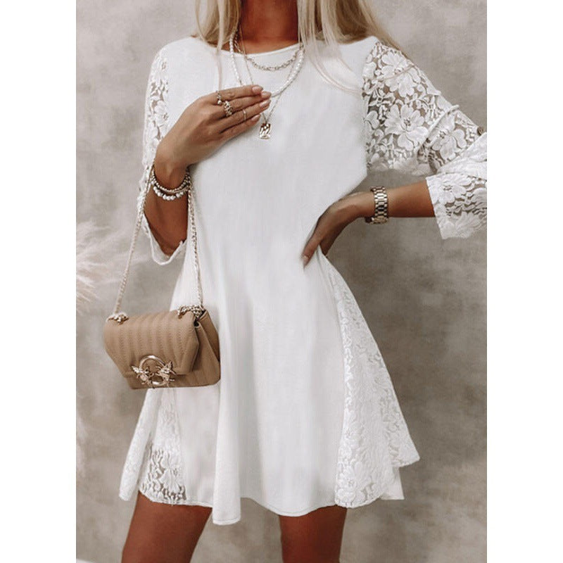 Women’s Mini Dress – A-Line Silhouette – Lace Sleeve Detail