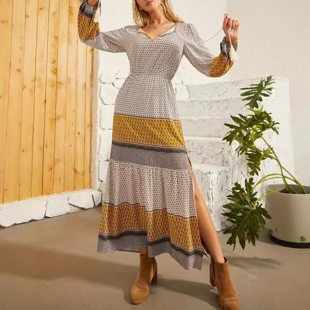 Women’s Long Dress – V-Neck – A-Line Silhouette – Relaxed Fit – Breathable Blend