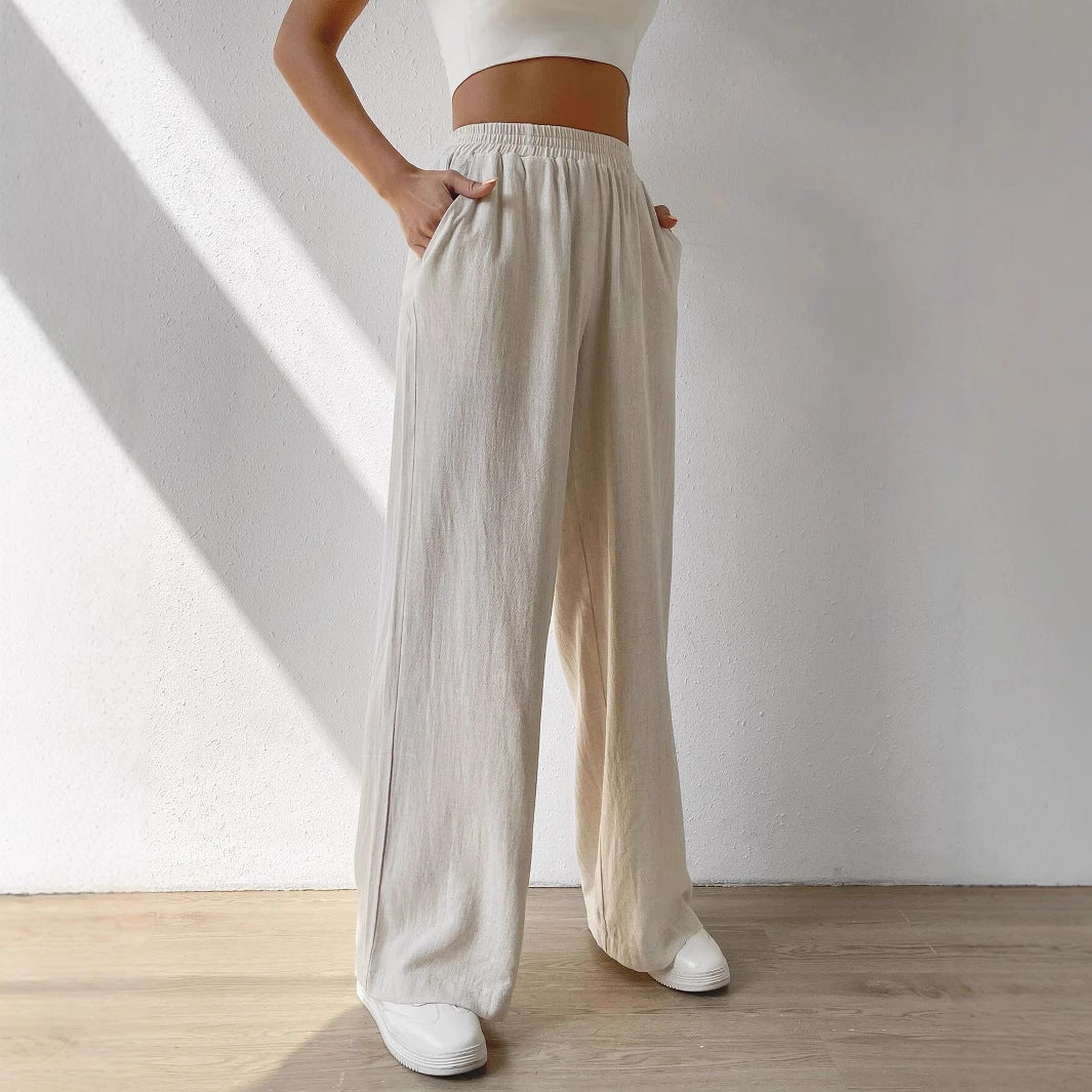 Women’s Wide-Leg Pants - High Waist - Linen Blend - Elastic Waist - Full Length - Pockets