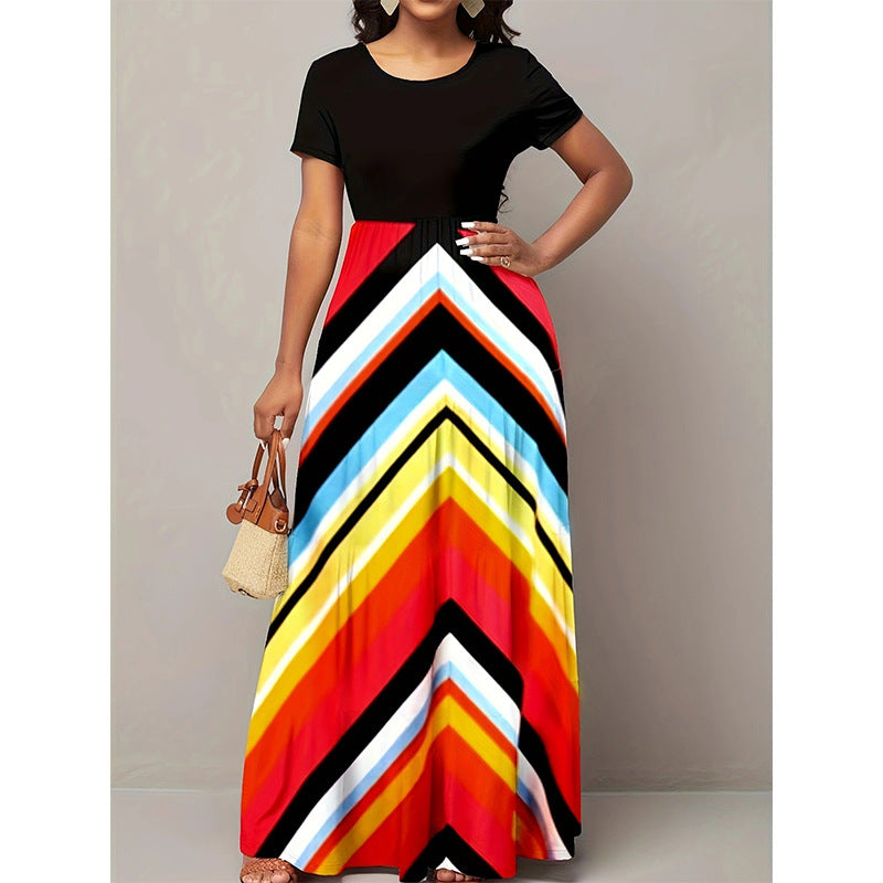 Women’s Maxi Dress – A-Line Fit – Chevron Pattern – Short Sleeve