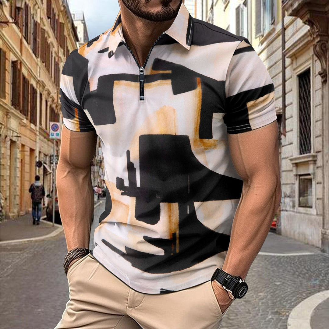 Men’s Short Sleeve Shirt – Slim Fit – Cotton Blend – Zip Neck – Abstract Print – Casual Style