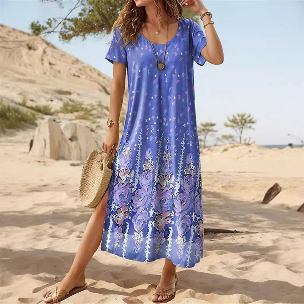 Women’s Midi Dress – Relaxed Fit – Short Sleeve – Cotton – Floral Pattern – Scoop Neck