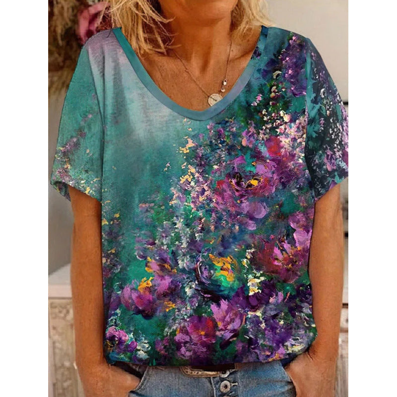 Women’s T-Shirt – Relaxed Fit – Artistic Floral Print – Soft Breathable Fabric