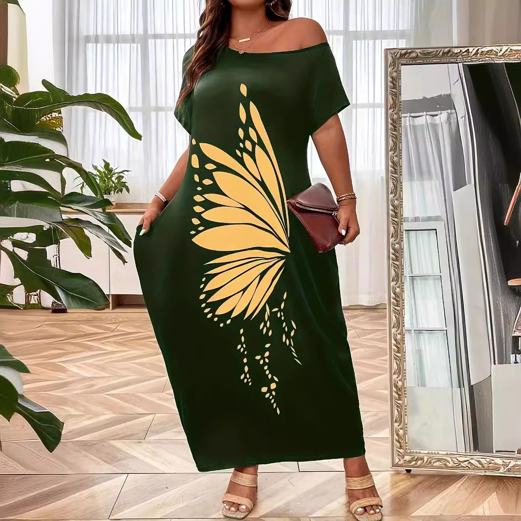 Women’s Maxi Dress – Off Shoulder – Relaxed Fit – Short Sleeve – Butterfly Print