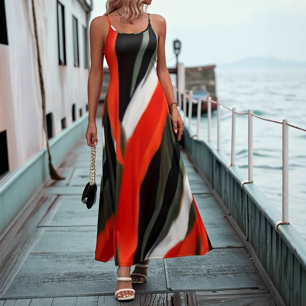 Women’s Maxi Dress - Satin Feel - Slim Fit Top - Spaghetti Straps - Flowy Hem