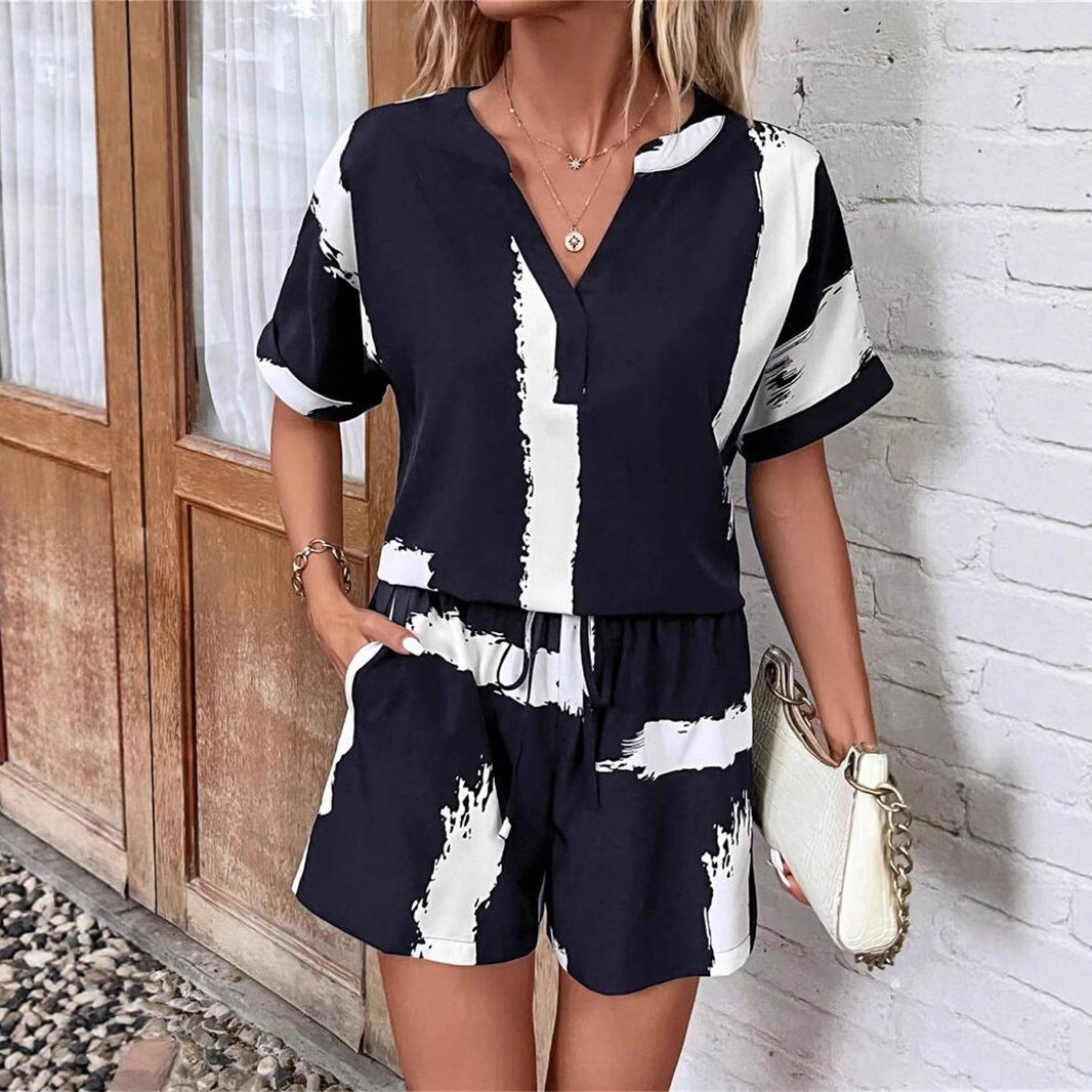 Women’s Two-Piece Set – Relaxed Fit V-Neck Top & Mid-Thigh Shorts – Soft Cotton-Feel