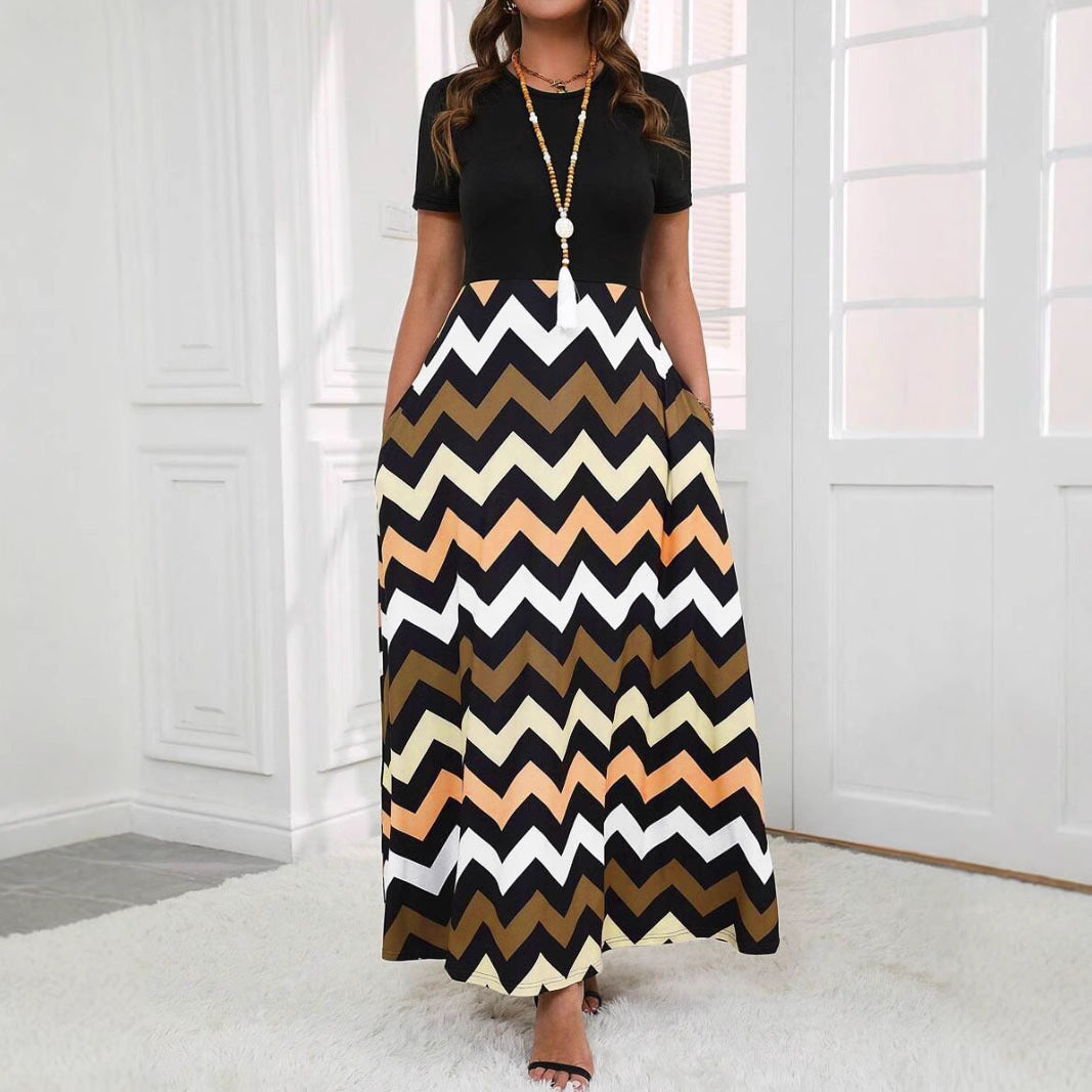 Women’s Long Dress – Relaxed Fit – A-Line Flowing Skirt – Short Sleeve – Cotton Blend