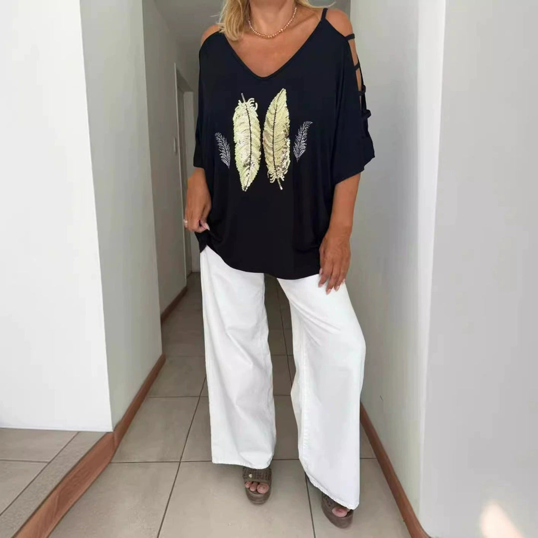 Women’s Oversized T-Shirt – Statement Print – Shoulder Cut-Outs – Breathable Blend