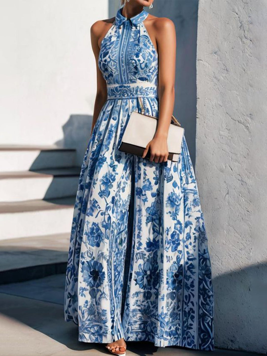 Women’s Maxi Dress – Halter Neck – Elegant Fit – Breathable Blend – Printed Pattern