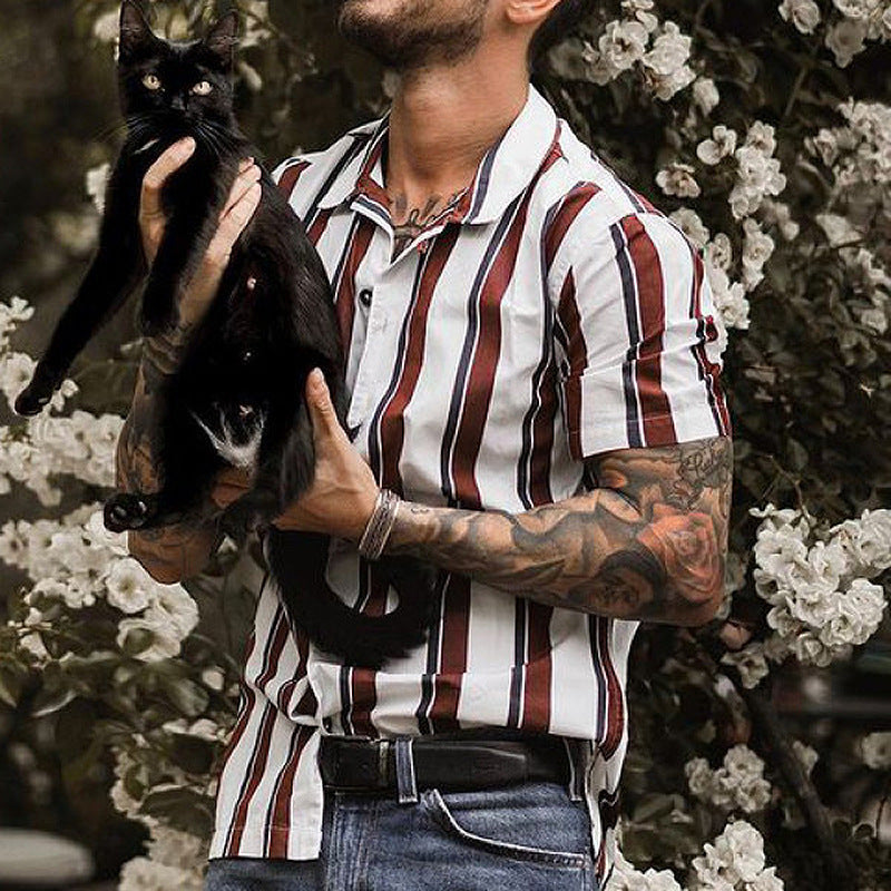 Men’s Short Sleeve Cardigan – Slim Fit – Lapel Collar – Vertical Stripes – Breathable Knit