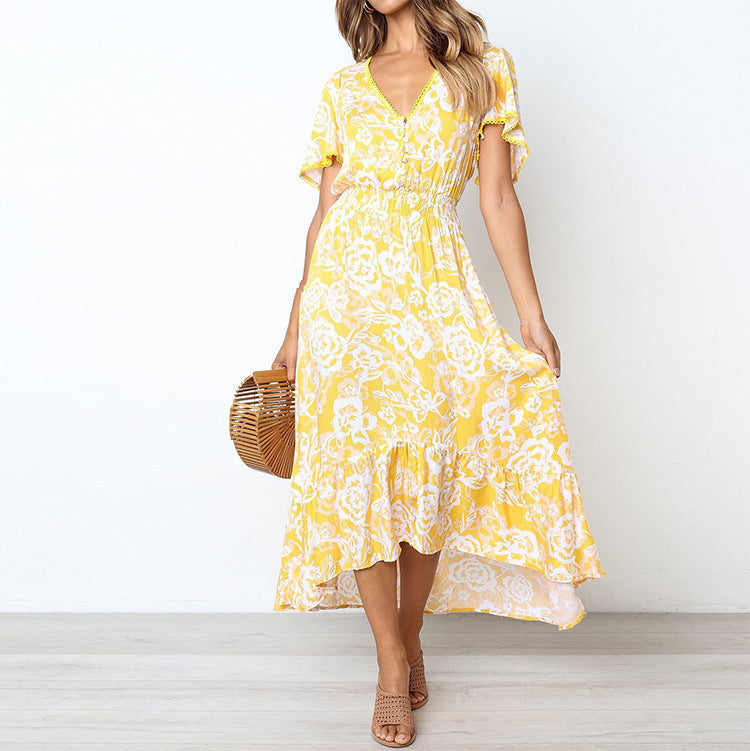 Women’s Maxi Dress – V-Neck – A-Line Fit – Ruffled Hem – Floral Print – Breathable Blend