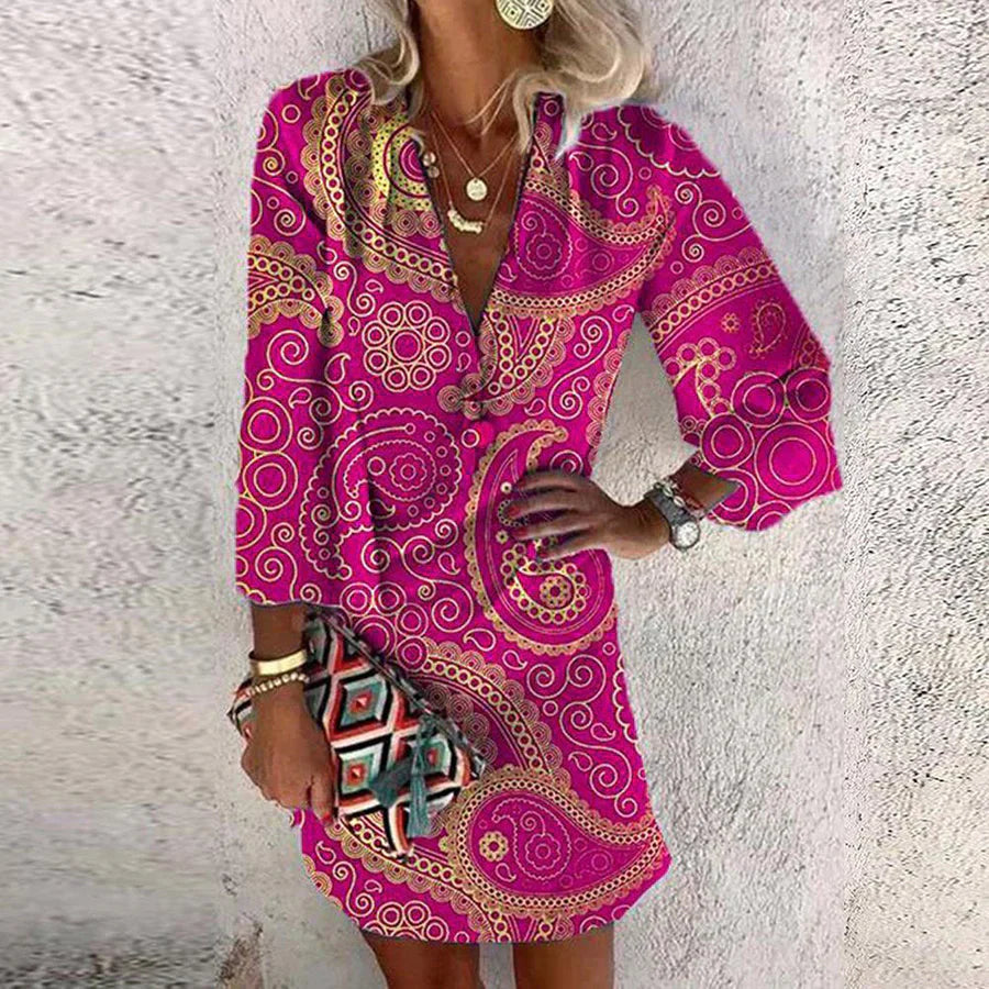 Women’s Mini Dress - Tailored Fit - Deep V-Neck - Paisley Print - Breathable Blend Fabric