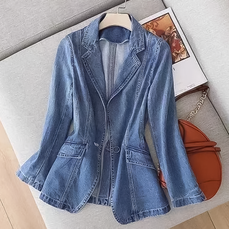 Women’s Blazer – Tailored Fit – Structured Denim Look – Single Button – Flap Pockets