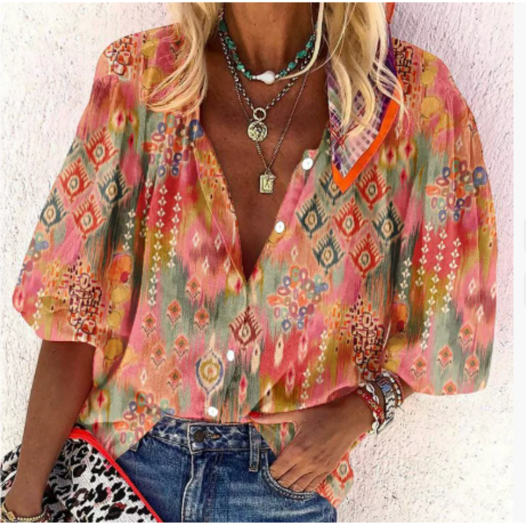 Women’s Blouse – Relaxed Fit – Breathable Blend – V-Neck Button Front – Short Sleeve
