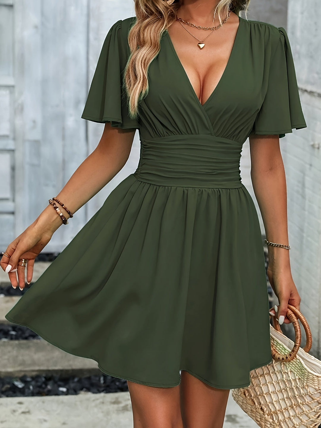 Women’s Mini Dress – Fit-and-Flare – Deep V-Neck – Gathered Waist – Flared Short Sleeves – Breathable Blend