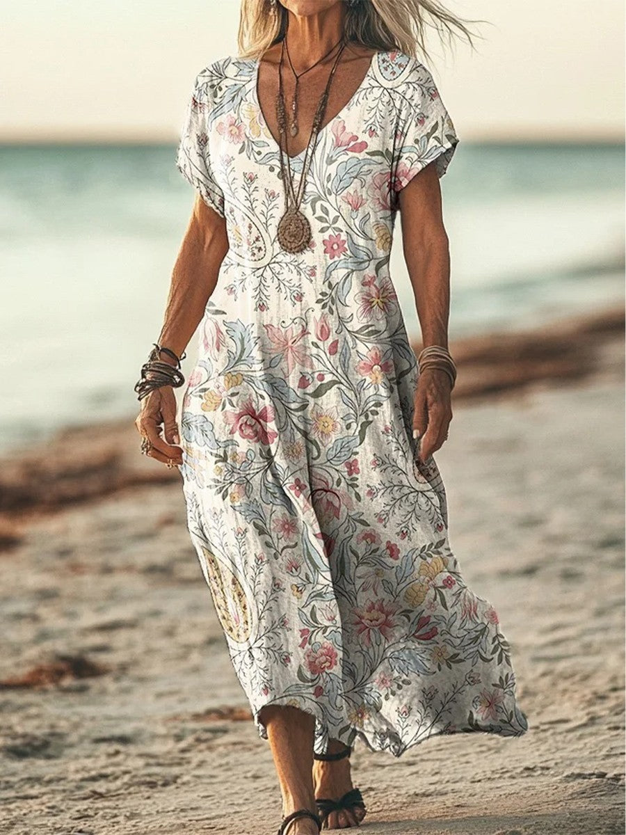 Women’s Maxi Dress - Relaxed Fit - Retro Floral Print - Short Sleeve - V-Neck - Breathable Blend
