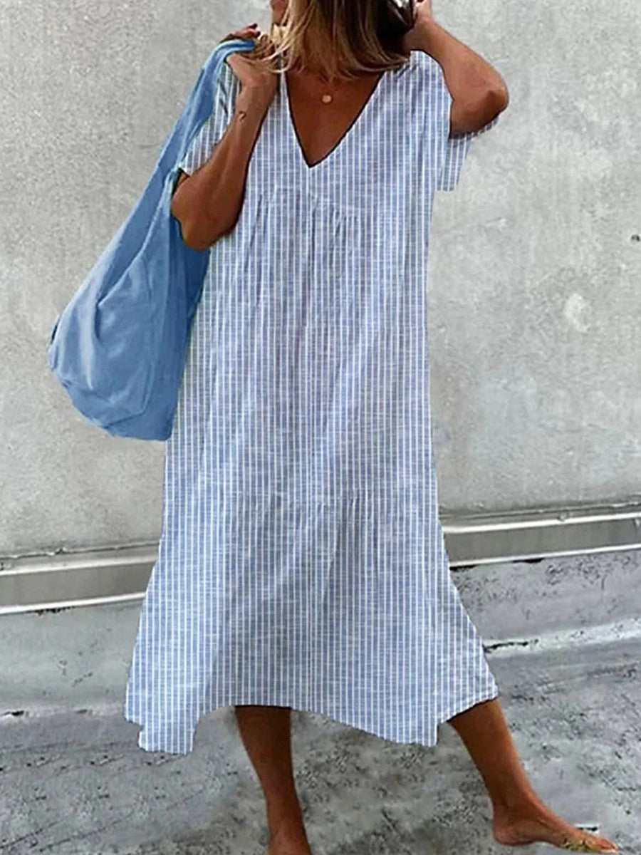 Women’s Midi Dress – Relaxed Fit – V-Neck – Striped – Short Sleeve – Breathable Blend