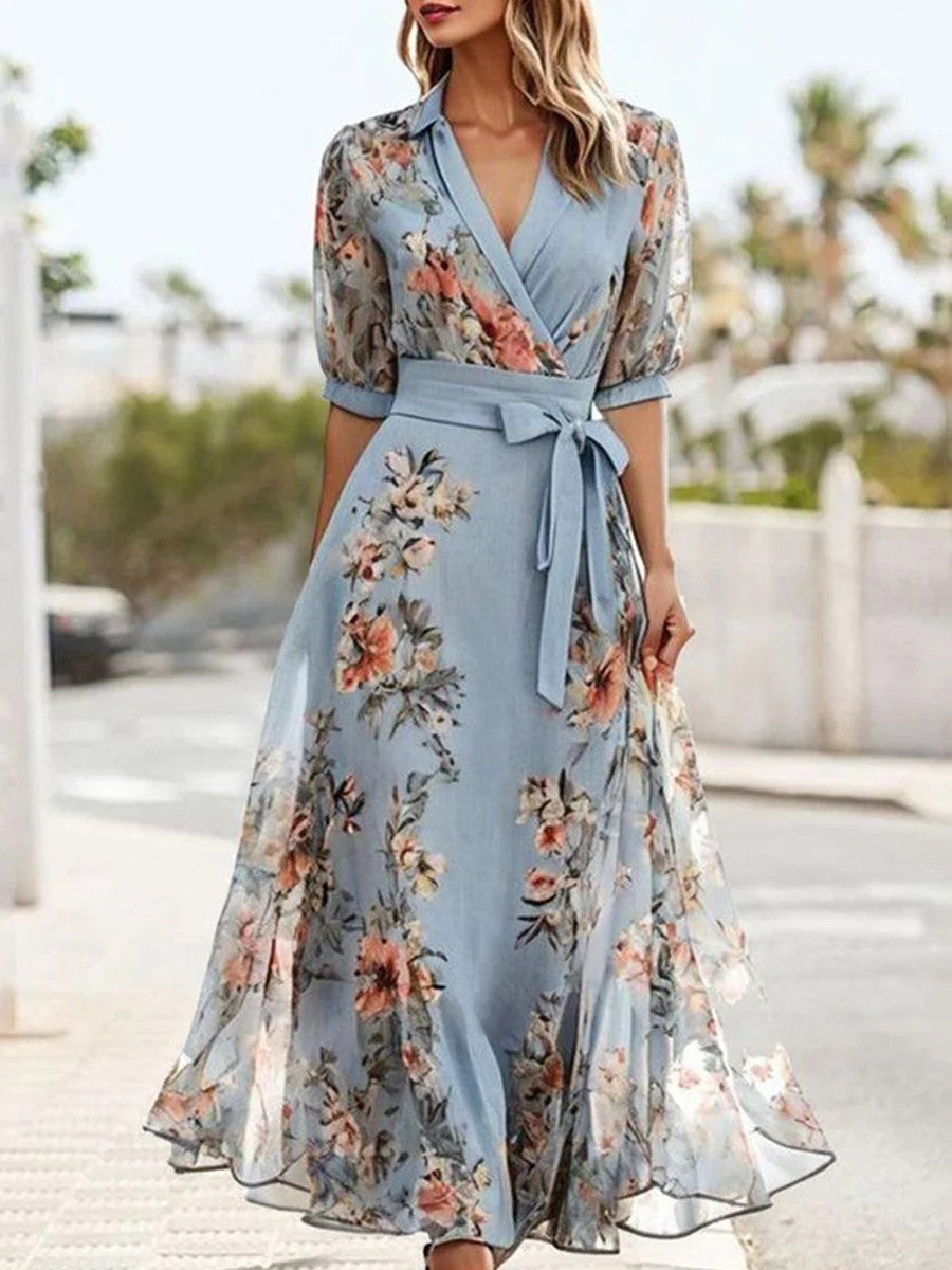 Women’s Midi Dress – Wrap V-Neck – Puff Sleeve – Floral Print – Belted Waist – Breathable Fabric